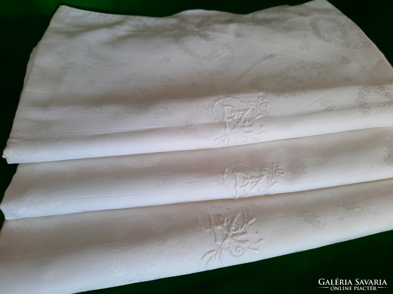 3 snow-white, monogrammed, damask pillowcases, 1m x 077m