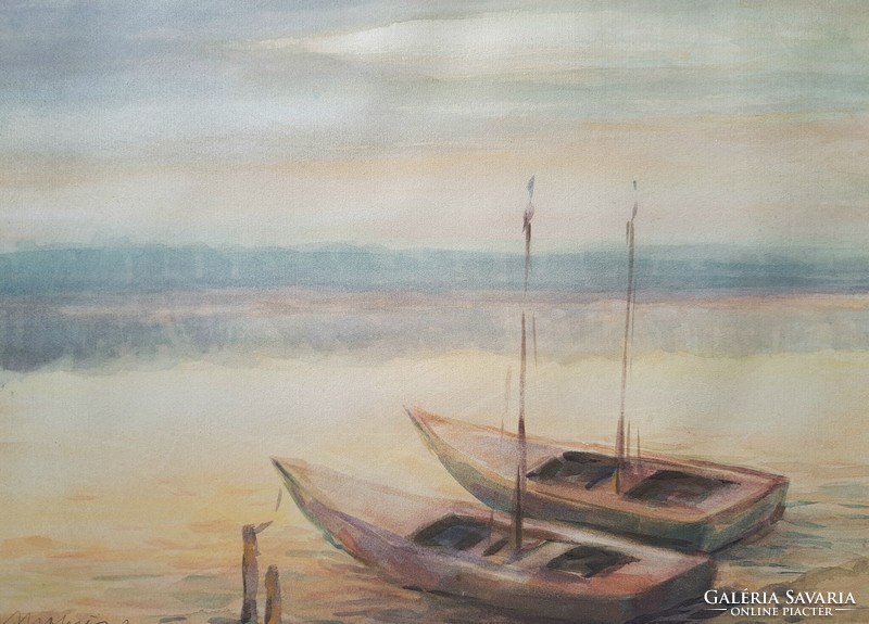 Két csónak a Balatonon - szignózott akvarell