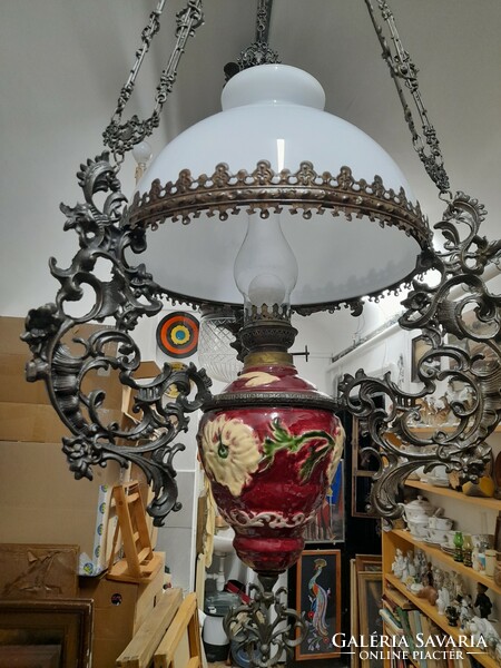 Art Nouveau majolica, chandelier ceiling lamp, chandelier. 110 cm x 46 cm.