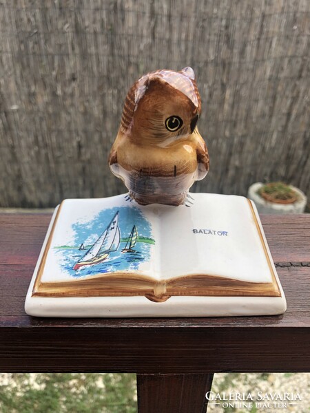 Bodrogkeresztúr ceramic owl balaton with a sailing image.
