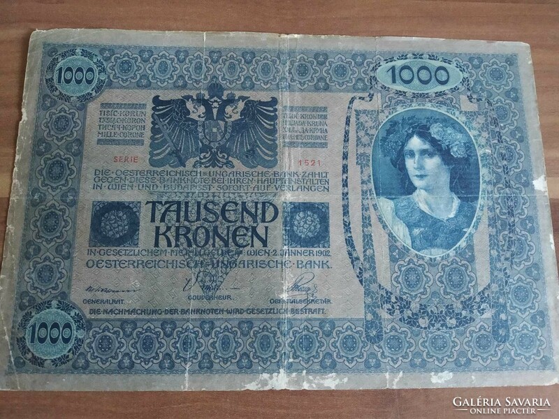 1000 Korona, stamped on top: deutschösterreich, 1902