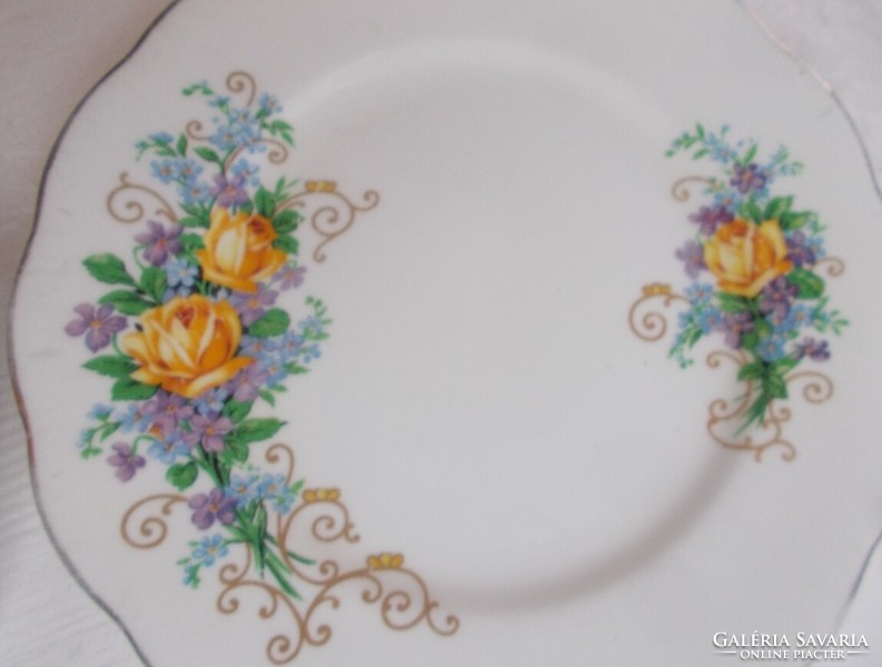 Gold-plated English yellow rose, forget-me-not, violet cake and dessert plate 2 pcs (queen anne)