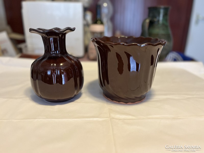 Kerámia váza és kaspó (új, barna)