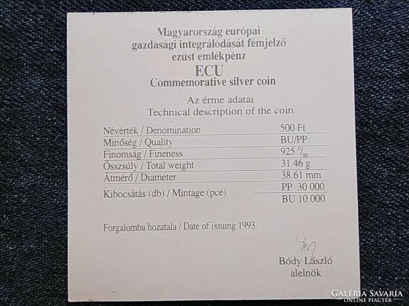 E.C.U. - Integráció az Európai Unióba .925 ezüst 500 Forint 1993 tanúsítványa (id58814)