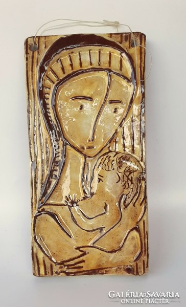 Retro falikép anya gyermekével mázas kerámia falikép