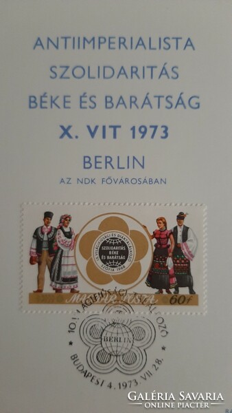 Világifjúsági és Diáktalálkozók BÉKE és BARATSÁG 1973 Emléklap BERLIN elsőnapi bélyegzéssel