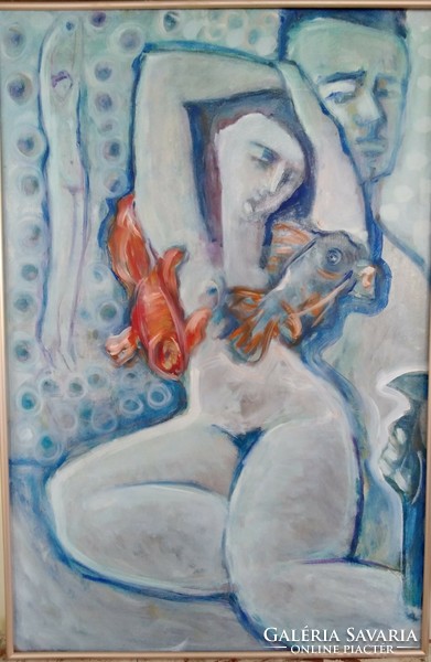 Nude with fish painting by éva darmo