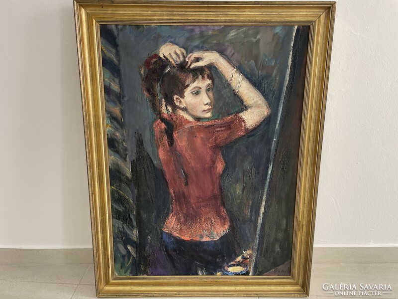 Balogh András "tükör előtt" nő lány portré festmény szocreál kép