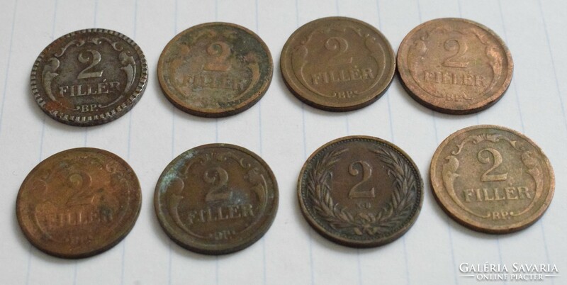 Hungary 2 pence, 1915, 1926, 1927, 1935, 1937, 1940, money, coin 8 pieces