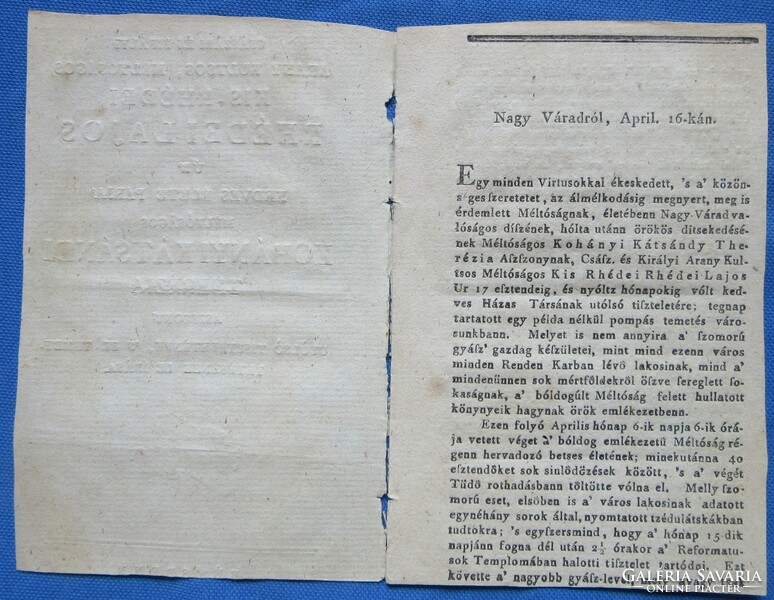 Antik nyomtatvány 1804 Császári és Királyi arany kultsos,méltóságos Kis-Rhédei Réhdei Lajos úr kedv