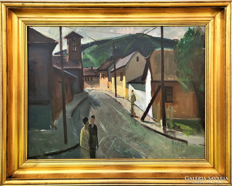 Id. Keleti Jenő (1920 - 1998) Sétálók Utcakép c. Képcsarnokos festménye Eredeti Garanciával!