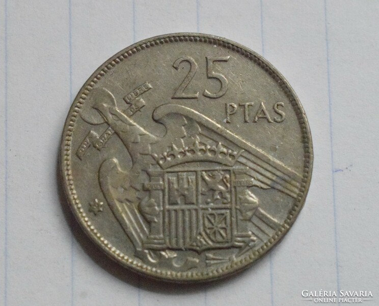 Spain, 25 pesetas, 1957, 61, money, coin