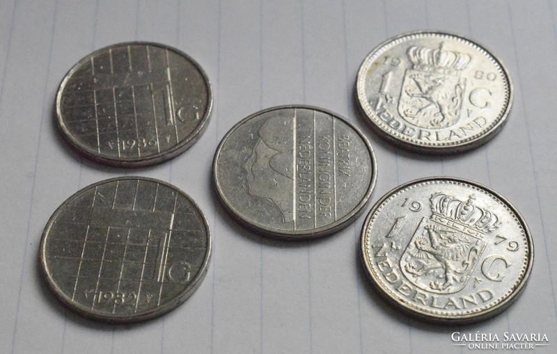 Hollandia 1 gulden , 1979 , 1980 , 1982 , 1986 pénz , érme 5 darab