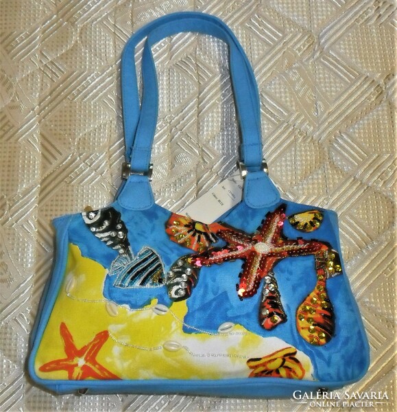 Last pieces! Colorful, fun summer canvas bag with pearls, sequins, and seashell decoration.
