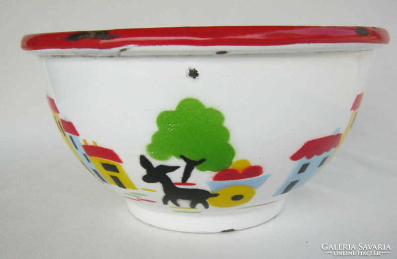 Marked old Hungarian enamel bowl with Csac house wood pattern