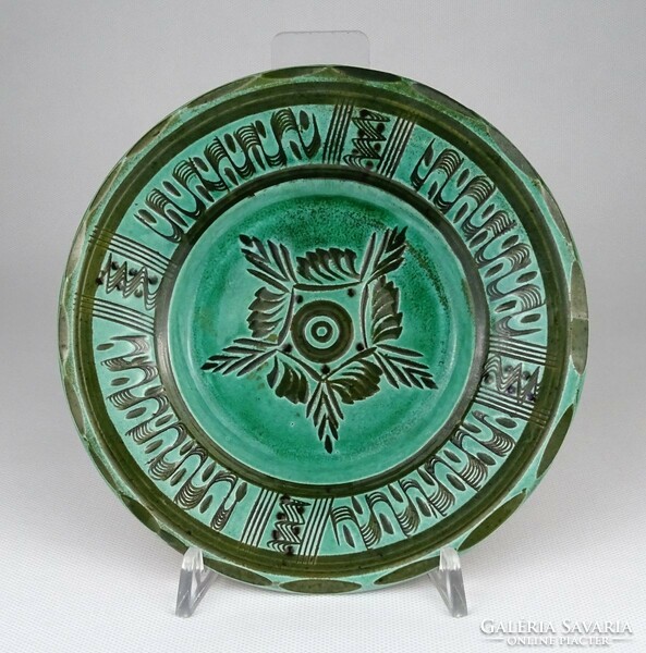 1N722 István teimel Óbánya green glazed ceramic wall plate 18 cm