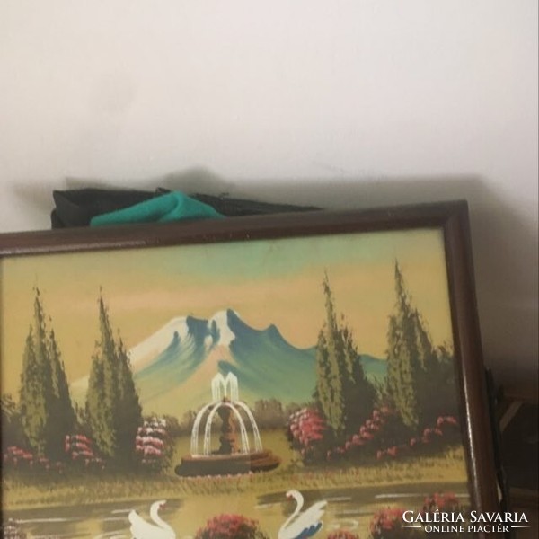 Hattyúk a tavon, háttérrel barna keretben festmény eladó