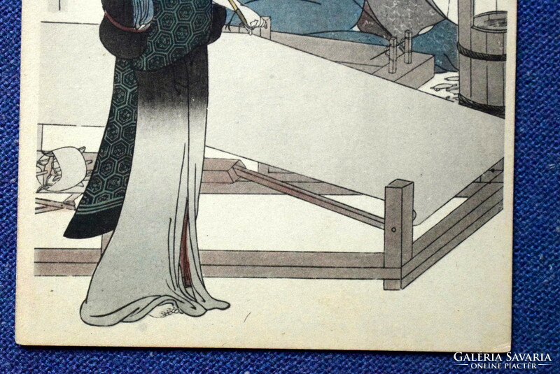 Antik gyarmati japán grafikus képeslap  kézzel? színezett  gésák