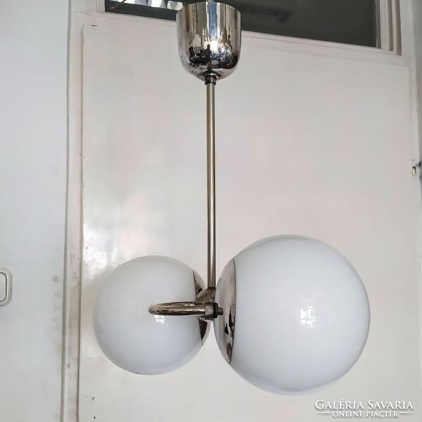 Bauhaus - art deco nickel-plated chandelier renovated - milk glass shade - chandeliers and lighting rt.