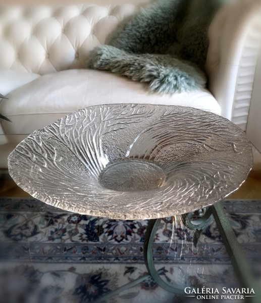 Scandinavian giant glass bowl, decorative Finnish centerpiece 35-36 x 7.5cm, 1970