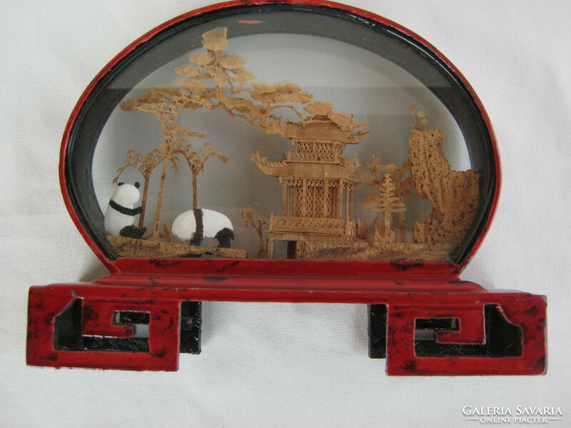 Panda diorama oriental craft picture cork ornament with panda bears 20 cm