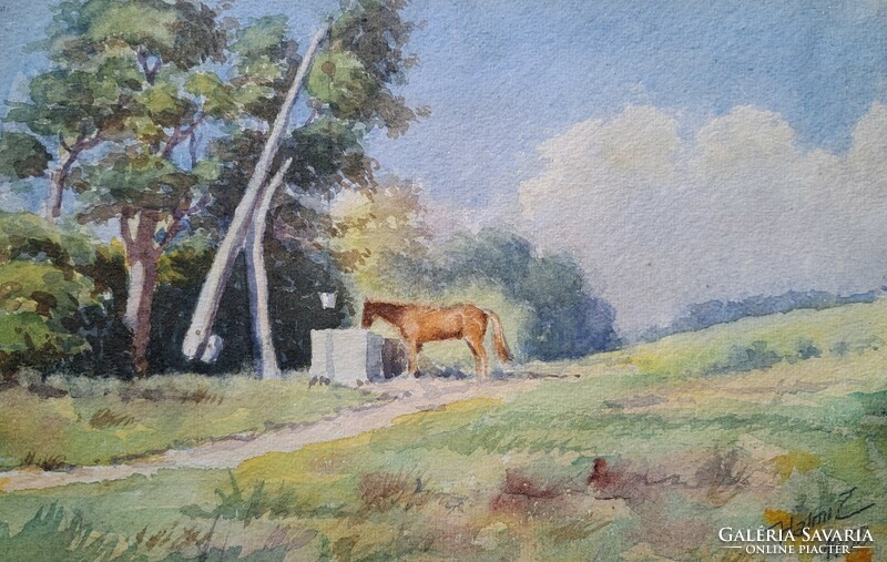 Ló a kútnál - akvarell tájkép lóval - szignózott, Halmi Z. 1955