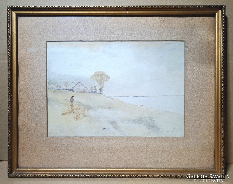 Péczely Antal (1891-1960): Pásztor a vízparton (akvarell paraszti életkép)