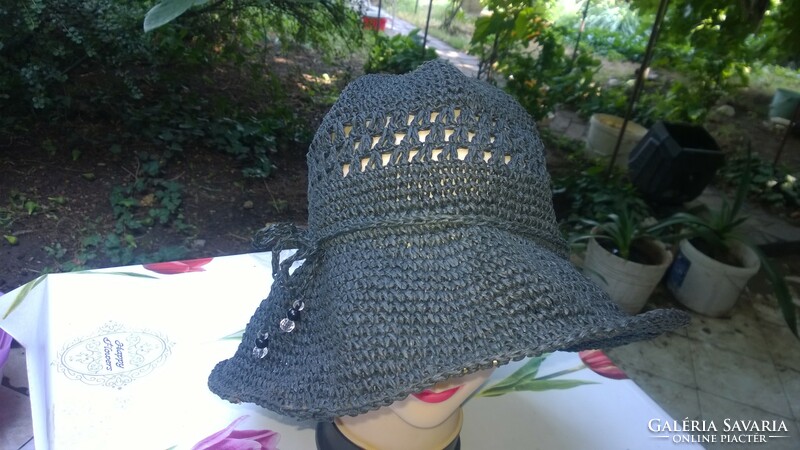 Strandkalap-nyári kalap műrafia-horgolt, fekete átm.35 cm