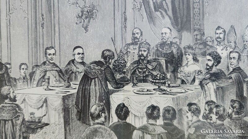 FERENC JÓZSEF KORONÁZÁS LAKOMA 1867 BUDA KIRÁLY PALOTA JELZETT Rusz Károly METSZET + KERET