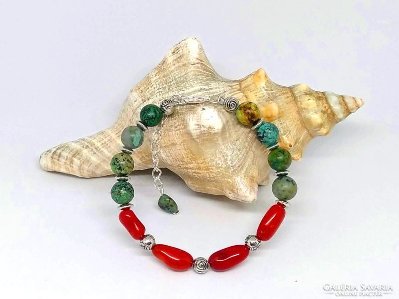 Red coral and African turquoise bracelet 35