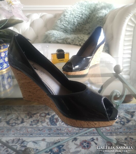 Venturini 40-40.5-es fekete alkalmi eco cipő, parafa telitalp, 10 cm sarok, 26 cm bth