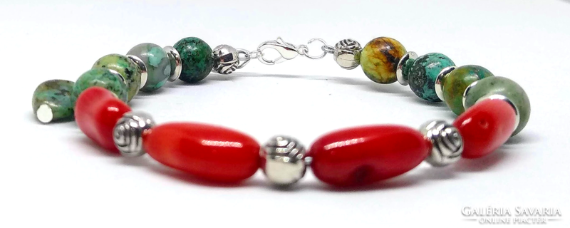 Red coral and African turquoise bracelet 35