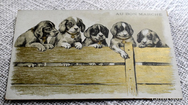 Antique graphic litho non-postcard / dog fence - reverse side le bon marché store advertisement