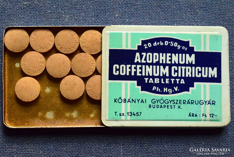 Azophenum coffeinum citricum tablet with medicinal metal box contents Köbány drug factory
