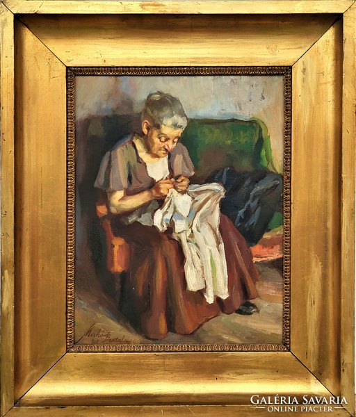 Makó Bertalan (1890 - 1970) Idős varró hölgy 1918-ból c. festménye Eredeti Garanciával!