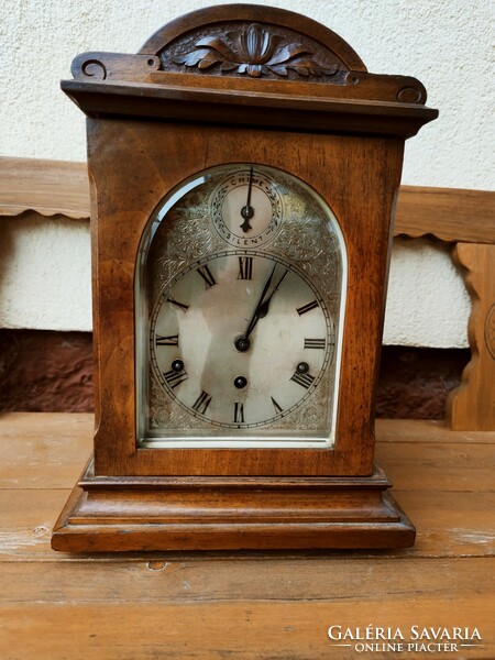 Large, quarter-strike, antique working Biedermeier mantel clock with engraved silver-plated dial