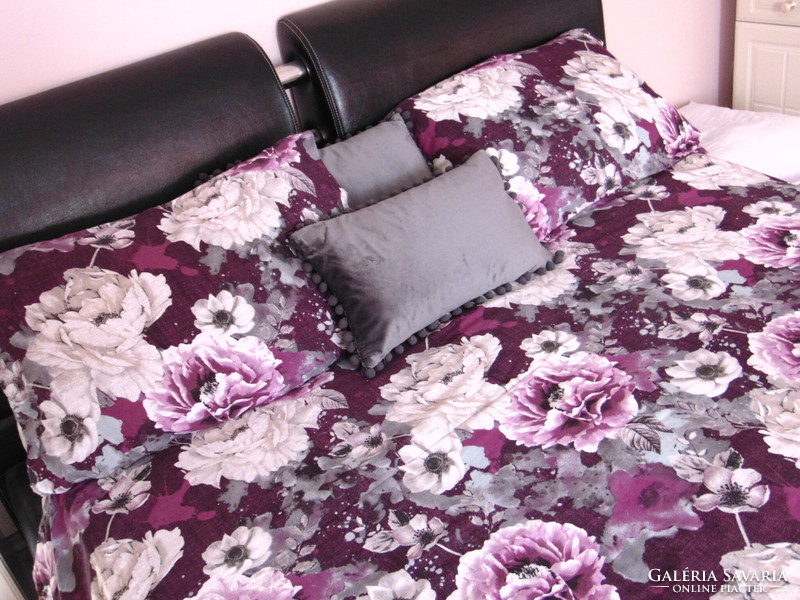 A dreamy pink bedding set on a purple background