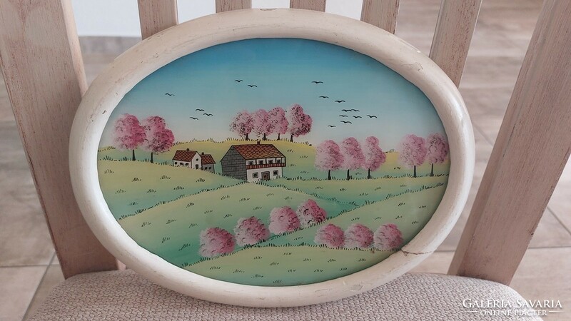 (K) Szép naív stílusú üvegfestmény 26x20 cm kerettel