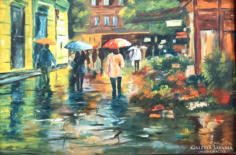 Sztopka Anna: Városrészlet esőben - festmény
