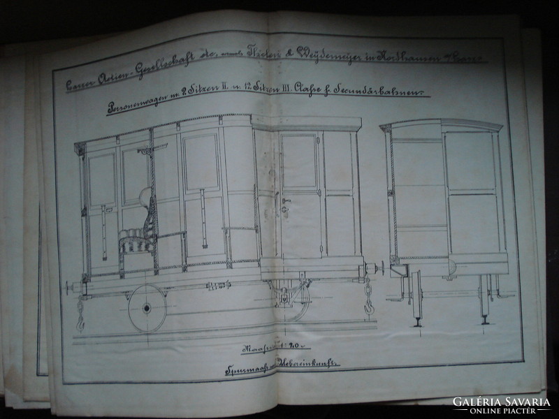 1870-es évekből vasúti kocsi tervek 18 darab Harzer Aktien Gesellschaft + 3 eredeti