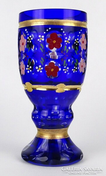 1N383 Aranyozott nagyméretű cseh kék Biedermeier pohár 17.3 cm