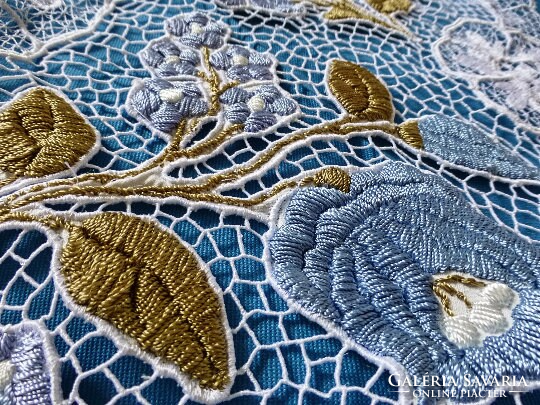 Kalocsa embroidered lace tablecloth blue and gold,Richelieu. A new, unique piece made to order