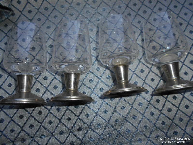 4 Pcs marked alpacca soles, a short drink glass with polished glass