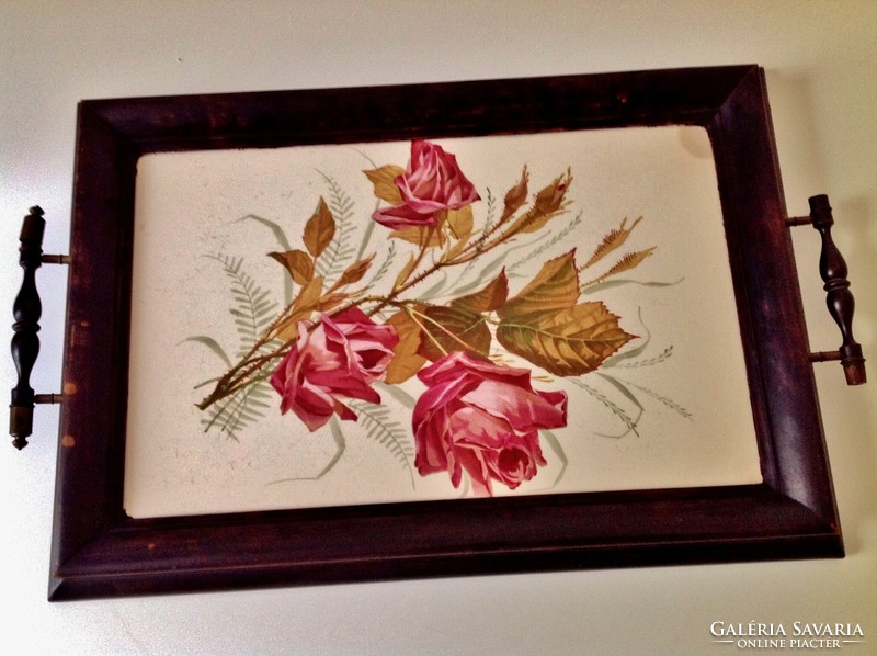 Antique faience tray in a wooden frame