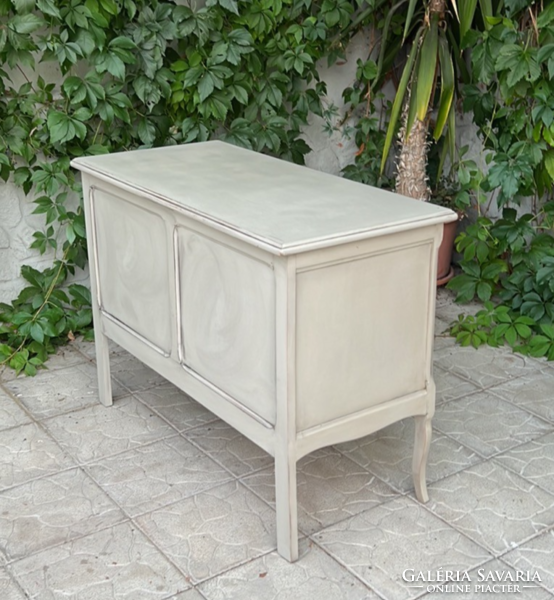 Vintage, shabby gray desk in neo-baroque style with 3 drawers
