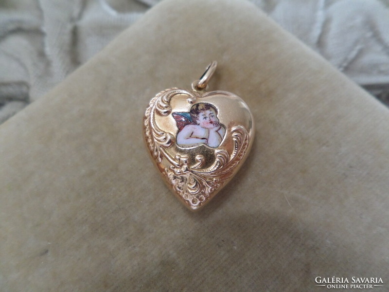 Antique gold heart pendant with enamel angel