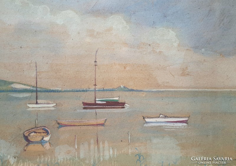 János Tóth Zalai: Balaton boats, 1955 - marked watercolor - artist from Zalaegerszeg