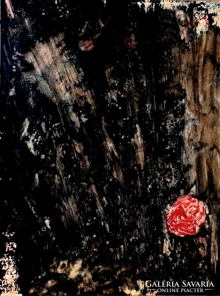 "Vörös rózsa", akril-vegyes technika, 40x30 cm, fa, szignózott