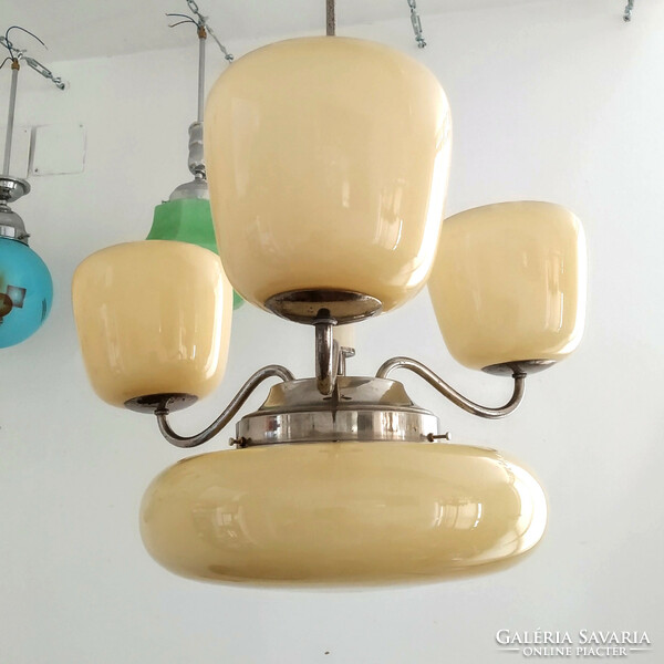 Art deco - bauhaus 3-arm, 4-burner nickel-plated chandelier renovated - cream-colored covers