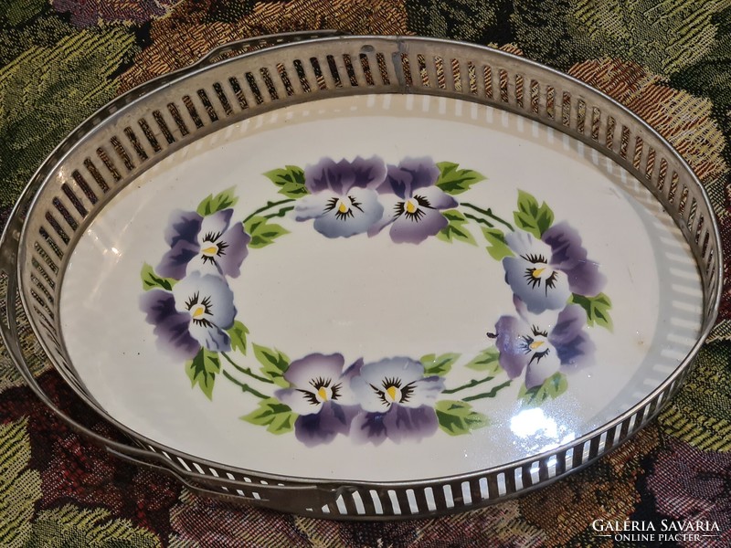 Tray with pansy porcelain inlay and small basket in one